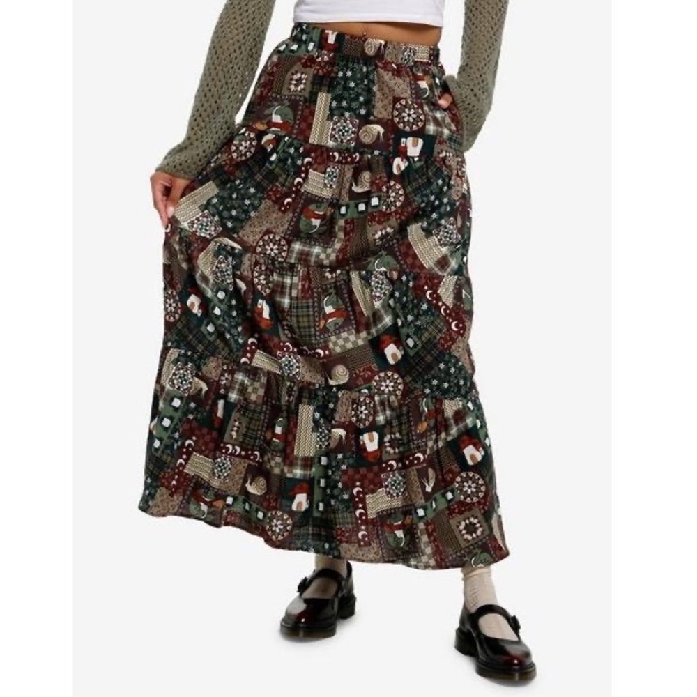 Thorn & Fable Maxi Skirt Frog Mushroom Patchwork Tiered Goblincore - Medium